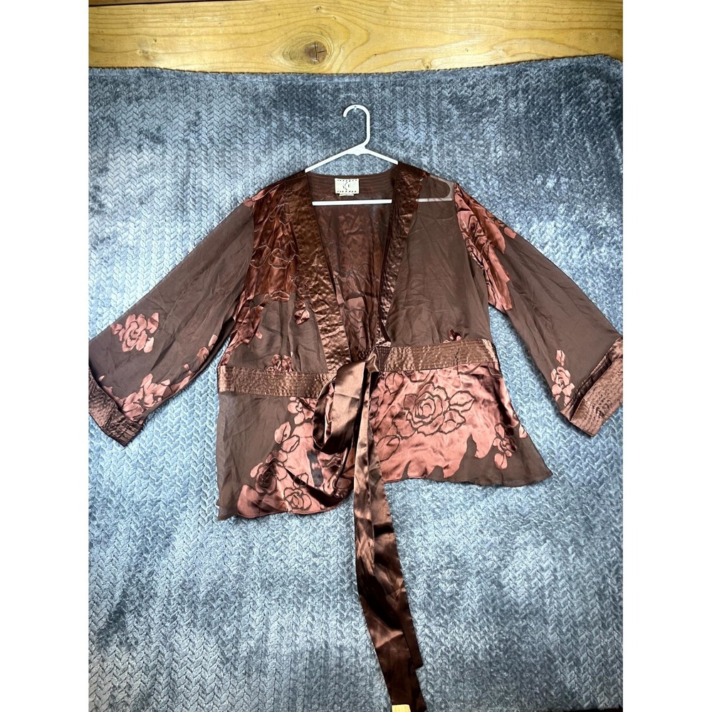 Ice Kimono Top Womens XL Brown Floral Jacquard Burnout Pattern Belted Silk Blend